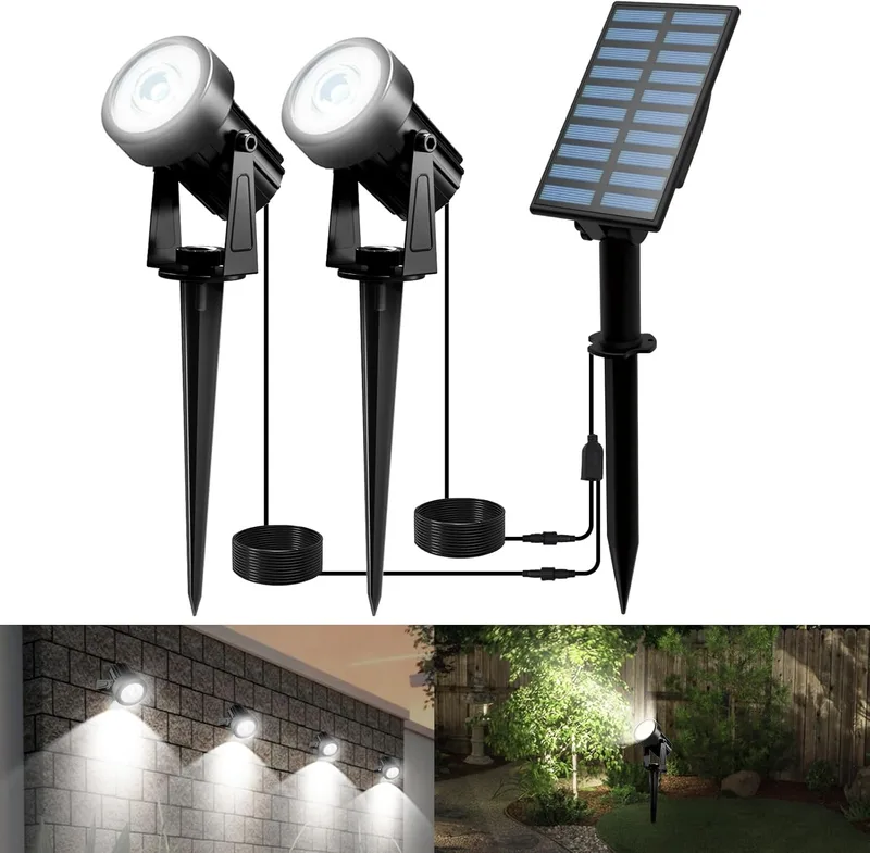 T-SUNUS ▫️ Holofotes LED solares para jardim, luzes LED solares para exterior com luz branca fria, com ligar/desligar automático, à prova de água IP65, luz solar para caminhos, relvados, pátios e passeios, 2 em 1, 6000 K