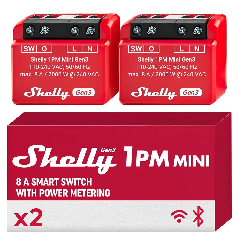 Shelly ▫️ 1PM Mini Gen3- Relé WiFi e interrutor inteligente Bluetooth, 1 canal 8A com medidor de energia, compatível com Alexa e Google Home, iOS Android APP (2 pacotes)
