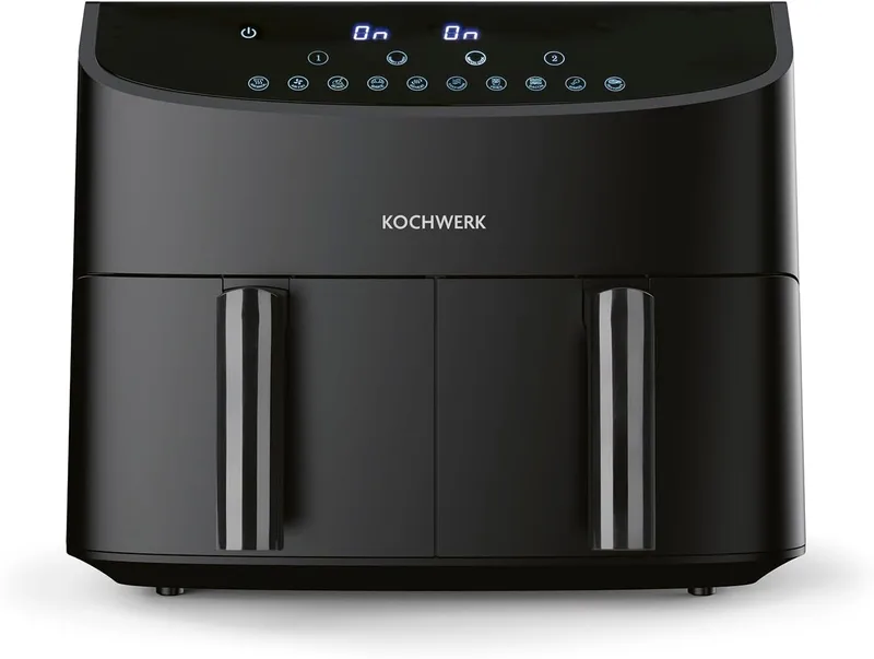 Kochwerk ▫️ Fritadeira de ar quente Rachs de câmara dupla, 7 L | Fritadeira digital em aço inoxidável com ecrã tátil, 10 programas e 2 câmaras de 3,5 L | Fritar alimentos sem óleo – com baixo teor de gordura