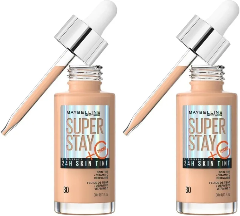 MAYBELLINE ▫️ New York, Base de maquilhagem enriquecida com vitamina C, até 24 horas, acabamento luminoso, Superstay Skin Tint, tom 30 (pacote de 2)