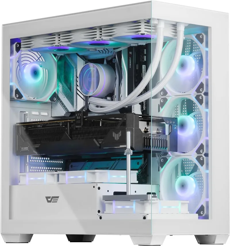 darkFlash ▫️ ATX - Caixa de PC de torre média, pré-montada, 4 ventoinhas PWM ARGB, caixa de computador com vidro temperado e visão panorâmica dupla, porta tipo C, compatível com radiador de refrigeração