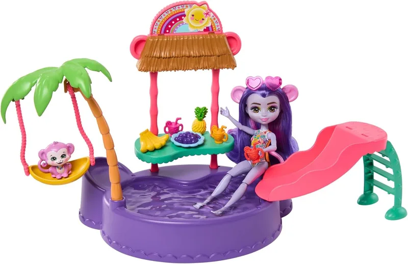 Enchantimals ▫️ Sunshine Island Monkey Doll com conjunto de jogo com piscina e acessórios, brinquedo +4 anos (Mattel HTW73)