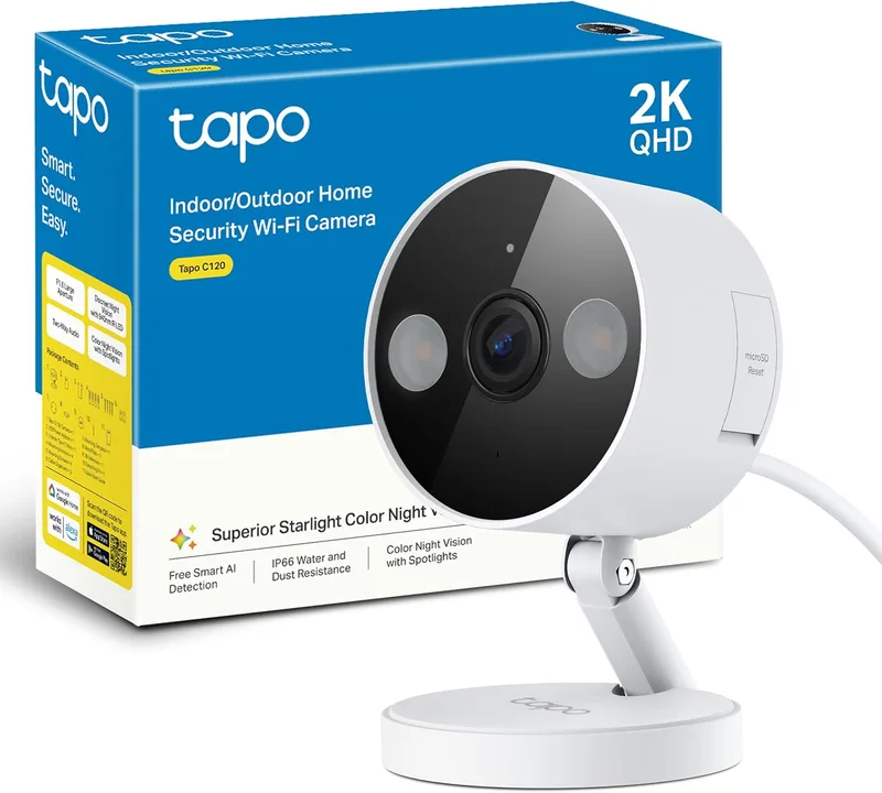 Tapo ▫️ Câmara de vigilância C120-2K de 4 MP para interior e exterior, base magnética, dois projetores, compatível com cartões SD até 512 GB, IP66, compatível com a Alexa e o Google Assistant