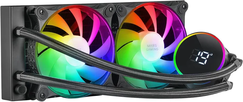 Mars Gaming ▫️ ML-LCD240, Refrigeração líquida AIO, TDP 500 W, 2 ventoinhas FDB ARGB de 120 mm, ecrã LCD com monitorização da temperatura, bomba Opti-Chamber de 3.ª geração, suporte universal para vários soquetes, preto