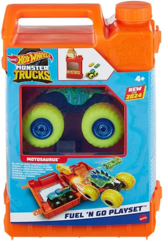 Hot Wheels ▫️ Monster Trucks Pista de reabastecimento e arranque para carros de brincar em forma de lata de gasolina, inclui 2 veículos, + 4 anos (HXT04)