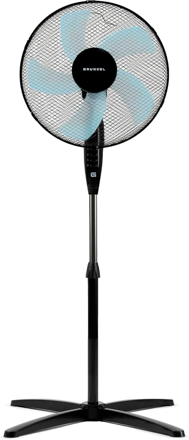Grunkel ▫️ Ventilador de chão 50W - 16" 40cm de diâmetro com 3 velocidades e 5 pás, regulável em altura até 118cm. Cabeça basculante, oscilação automática de 90° e cabo de 1,4m.