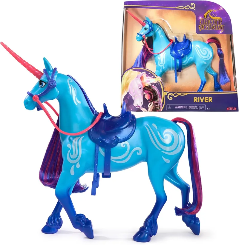 Unicorn Academy ▫️ Figura do rio de 28 cm "River" com movimento da cabeça e 2 acessórios de equitação - Unicórnios para meninas - Brinquedos para meninas 4 anos +