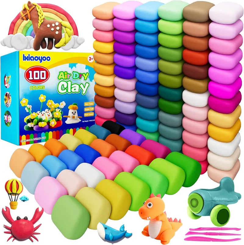 Ixiaoyoo ▫️ Argila de secagem ao ar, argila de modelagem em 100 cores para crianças, argila mágica de modelagem com ferramentas, macia e antiaderente, brinquedos para oferecer a crianças de 3, 4, 5, 6, 7 e 8 anos