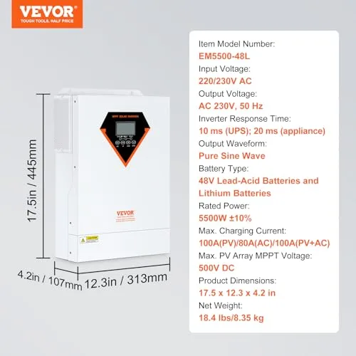 VEVOR ▫️ Inversor Híbrido de 5500 W, Inversor Solar Híbrido de 230 V CA, Carregador Fora da Rede com Onda Sinusoidal Pura e Controlador de Carga Solar MPPT Incorporado de 100 A, Carregamento Híbrido, Utilidade, Solar 7