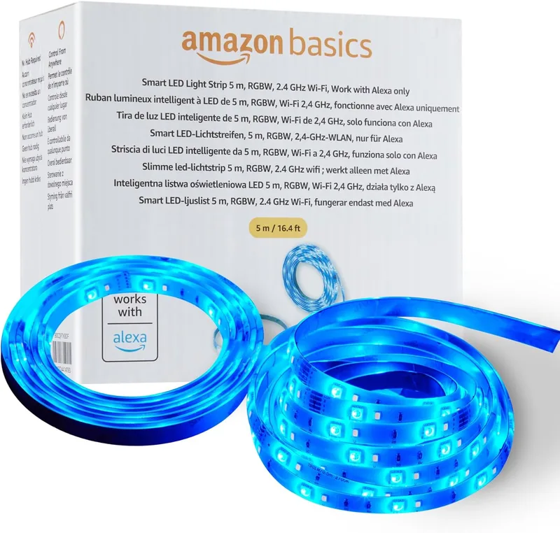 Amazon Basics ▫️ Fita de luz LED inteligente de 5 m, RGBW, funciona apenas com a Alexa, Multicolor
