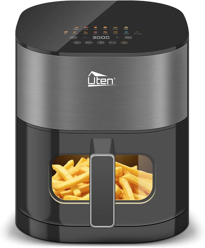 Uten ▫️ Fritadeira de Ar de Dupla Resistência 5,5 L com Janela, Ecrã a Cores, 14 Programas, Arranque Diferido, Filtro de Óleo, 2 Aquecedores Rápidos Controláveis Independentes, Alimentos Sem Inclinação