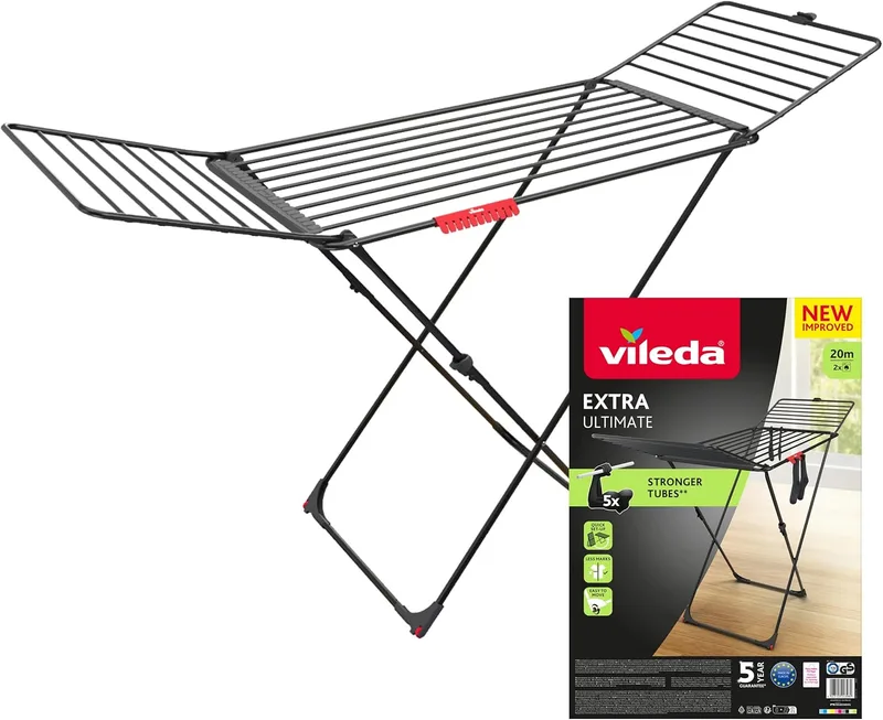 Vileda ▫️ Estendal Ultimate Extra em alumínio com pés em X (Black Edition) | Tubos 5 vezes mais resistentes | Tubos XL para deixar menos marcas na roupa | 20 m para secagem | Suporte para meias