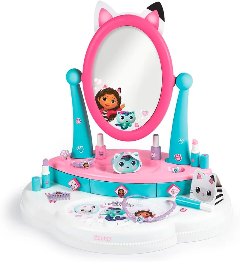 Smoby ▫️ Gabby's Doll's House - Toucador de mesa com 12 acessórios (não são cosméticos verdadeiros), gavetas e espelho basculante, idade 3+ (7600320253)