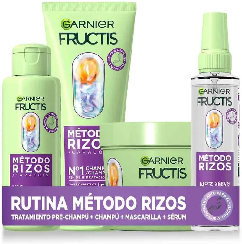 Garnier ▫️ Fructis Método Cachos com Tratamento Pré-Champô, Champô, Spray e Máscara, Rotina para cachos e ondas definidas, Ácido hialurónico e karité, Fórmula vegana, 2x 200 ml + 150 ml + 370 ml