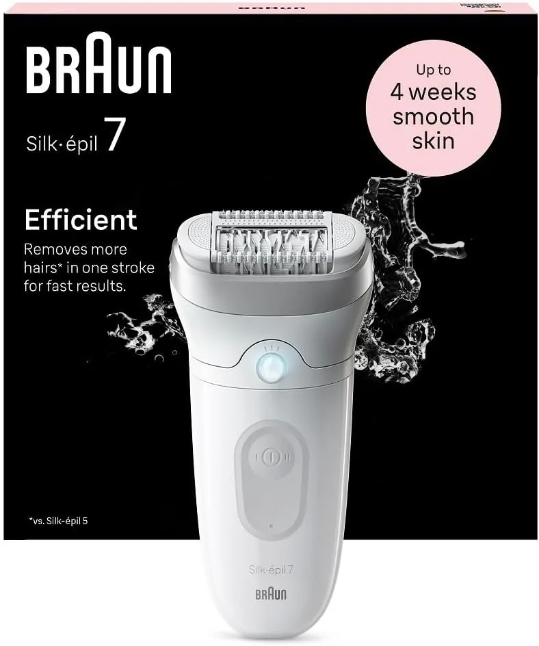 Braun ▫️ Silk-épil 7 depiladora eléctrica para mulher, depiladora corporal com cabeça larga para uma depilação fácil e tampa com rolo de massagem, à prova de água, 7-011, branco/prata