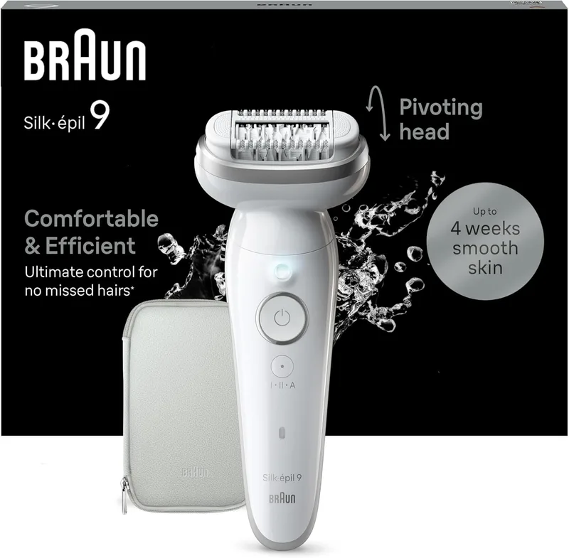Braun ▫️ Silk-épil 9 depiladora eléctrica para mulher, depiladora corporal com cabeça oscilante, à prova de água, depilação suave, depilação fácil, 9-011, branco/prata