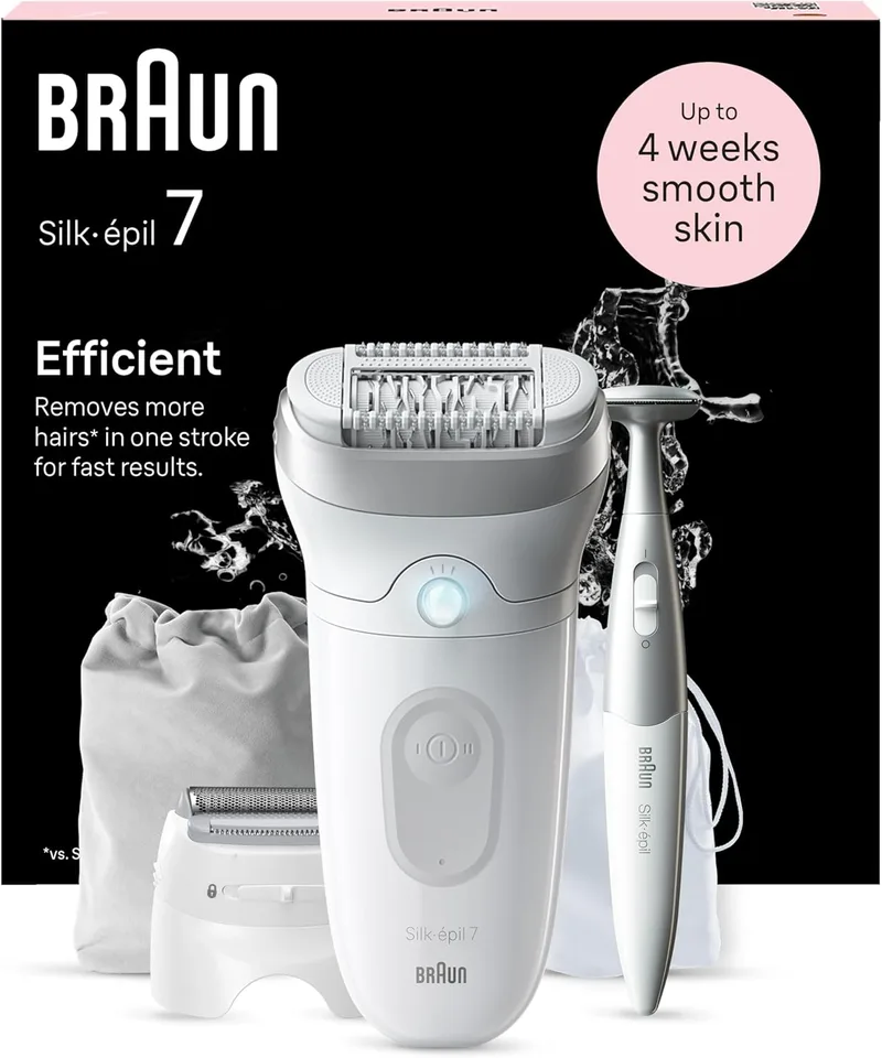 Braun ▫️ Silk-épil 7 Depiladora eléctrica para mulher com cabeça de corte e depilação para a zona do biquíni, depila, barbeia e apara, à prova de água, pele macia durável, 7-241, branco/prata