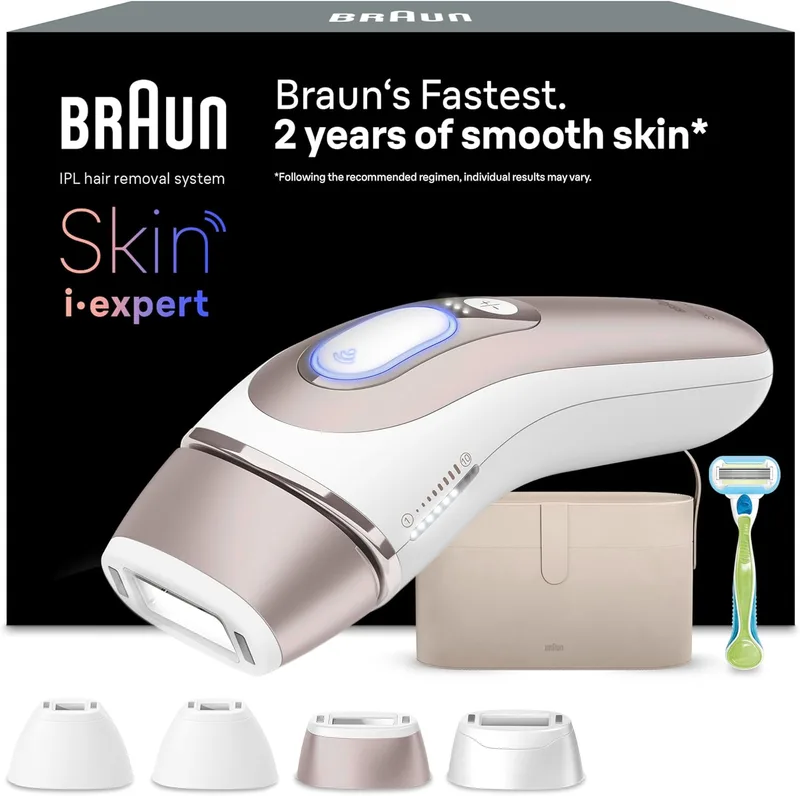 Braun ▫️ Depiladora Skin i·expert Smart IPL com Luz Pulsada, PL7387, Branco/Bronze | Alternativa à depiladora a laser com inteligência artificial, elimina os pêlos em casa, bolsa de viagem, máquina de barbear Venus, 4 cabeças