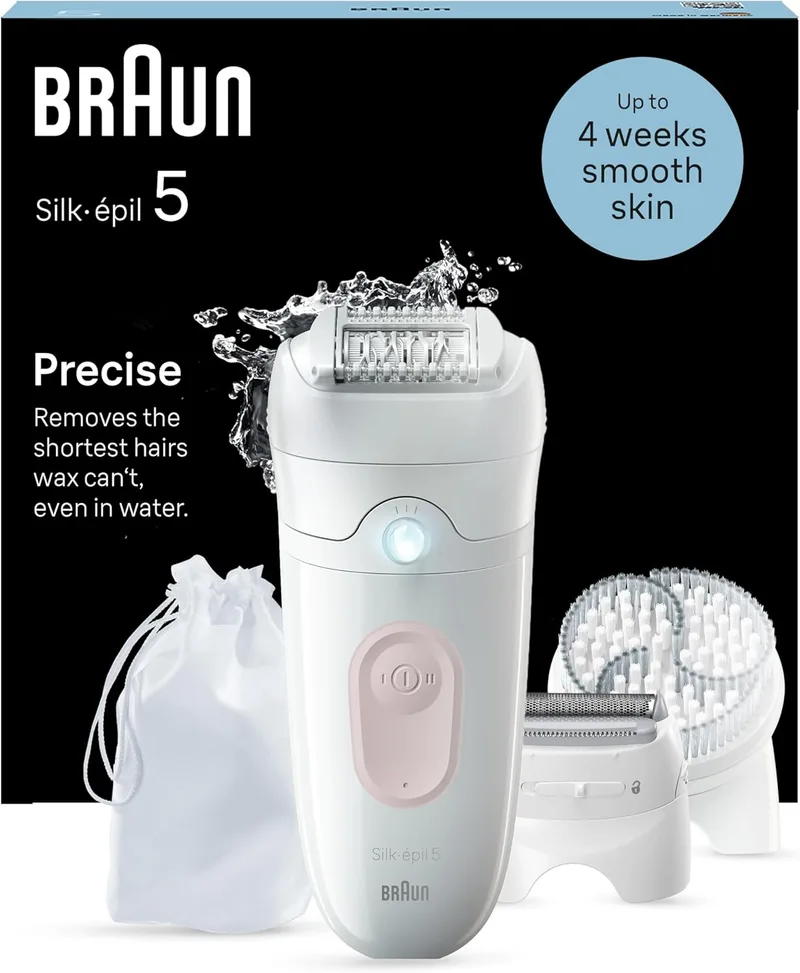 Braun ▫️ Depiladora elétrica para mulher Silk-épil 5, depiladora corporal com cabeça de barbear e escova esfoliante, resistente à água, depila, barbeia e esfolia, 5-060, Branco/Flamenco