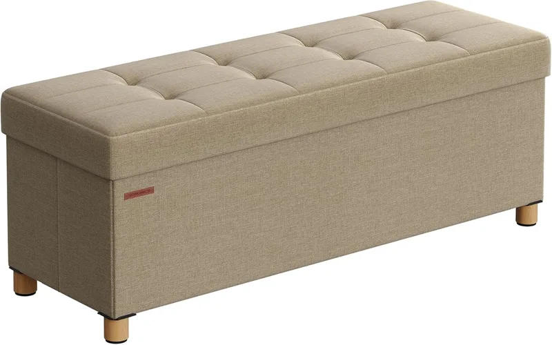 SONGMICS ▫️ Pufe com Espaço de Arrumação, Baú Dobrável com Pernas, 38 x 110 x 40 cm, Banco para ao pé da cama, Banco com Espaço de Arrumação, Suporta até 300 kg, para sala de estar, quarto, Entrada, Castanho Camelo LSF018K11 | MELISA LSF018K11 - Banco dobrável com pés e apoio para os pés, caixa de a