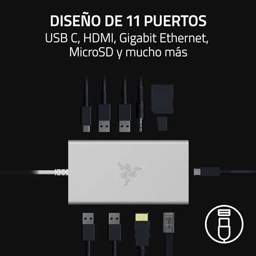 Razer ▫️ USB-C Dock - 11 portas com HDMI, Gigabit Ethernet, porta de áudio de 3,5 mm, USB-A e -C, compatível com Windows e Mac (saída de ecrã com 4K, som envolvente 7.1) Mercury 2