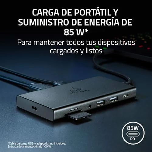 Razer ▫️ USB-C Dock - 11 portas com HDMI, Gigabit Ethernet, porta de áudio de 3,5 mm, USB-A e -C, compatível com Windows e Mac (saída de ecrã com 4K, som envolvente 7.1) Mercury 6