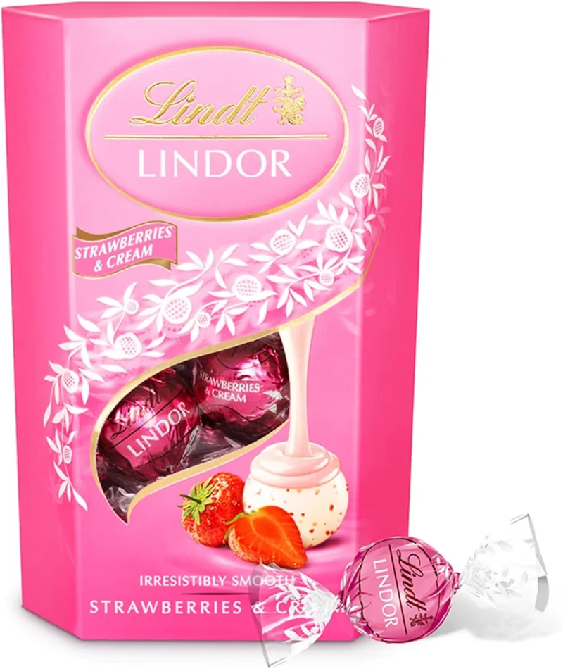 Lindt LINDOR Chocolate branco e morango, presente para o Dia dos Namorados, caixa de bombons de morango, morango e creme, bombons para oferecer, 16 bombons, 200g