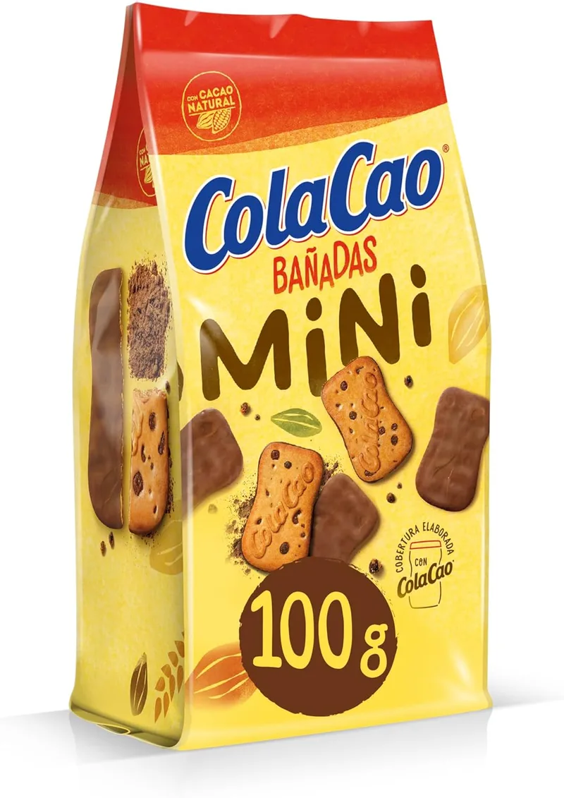 ColaCao ▫️ Mini-bolacha, Coberta de Cacau Natural, com Pedaços de Chocolate - 100 g