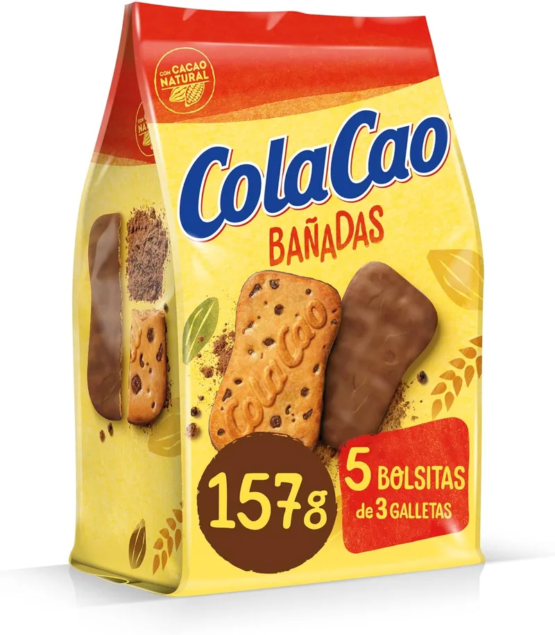 ColaCao ▫️ Bolacha, Coberta com Cacau Natural, com Pedaços de Chocolate - 5 embalagens de 3 unidades - 157 g