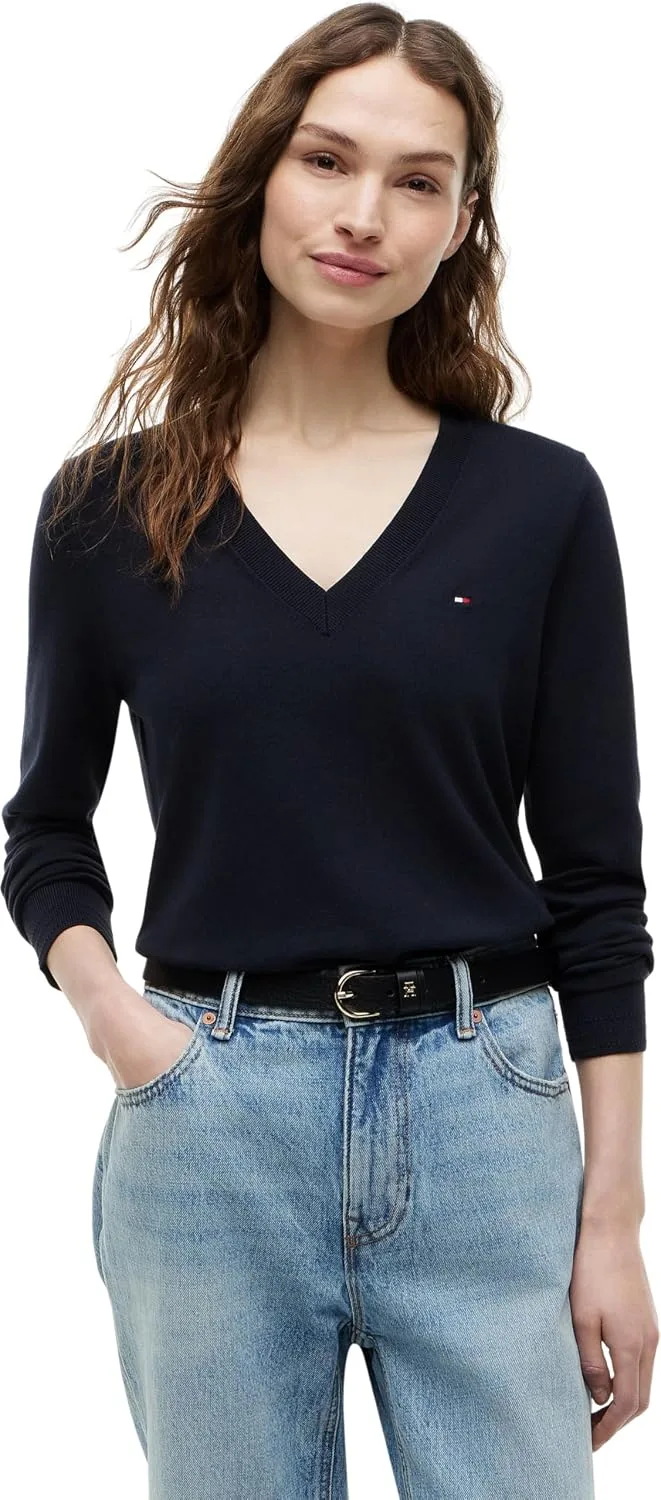 Tommy Hilfiger ▫️ Co Jersey Stitch V-nk Camisola Ww0ww42049 Camisola de mangas curtas para mulher
