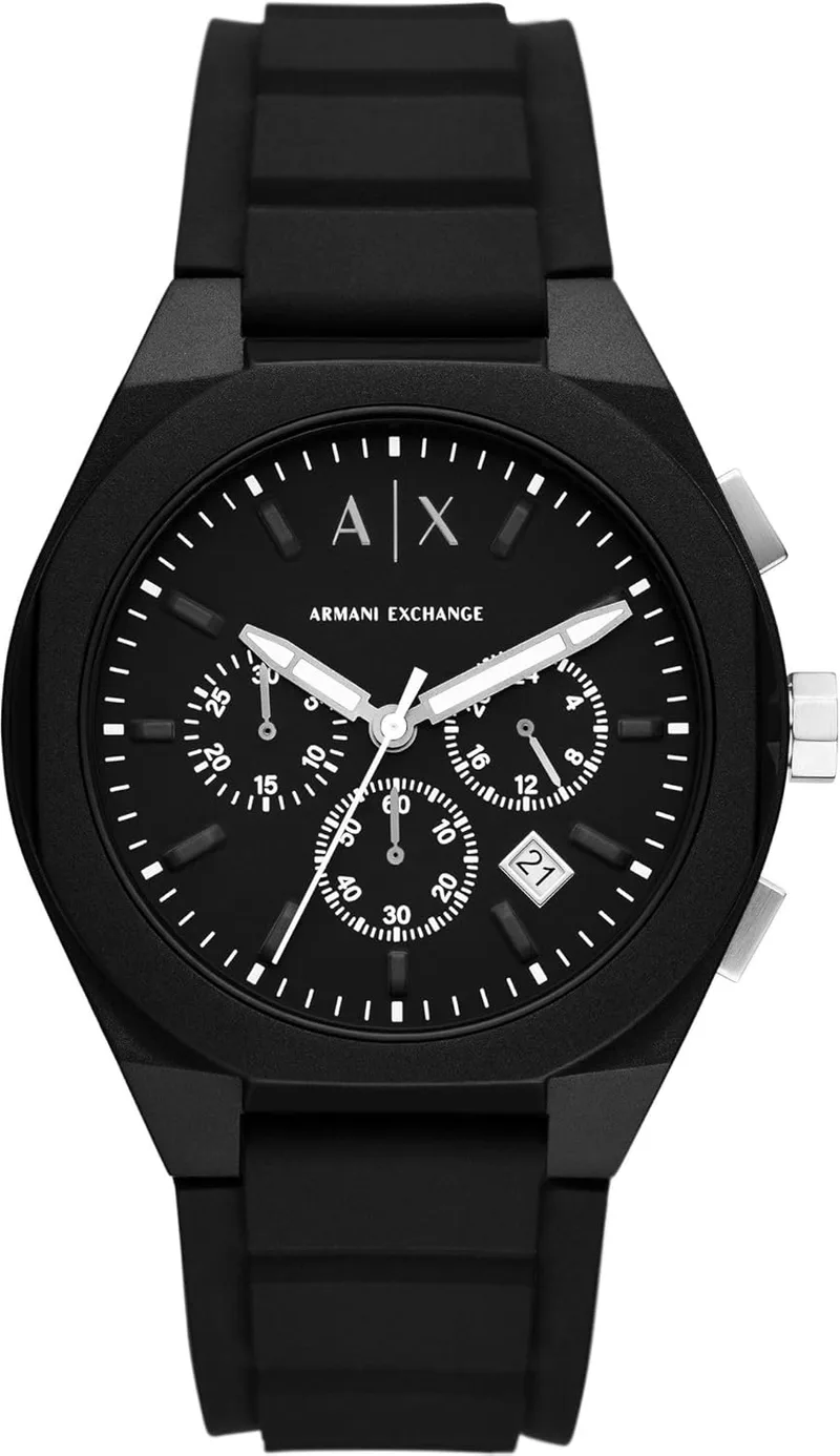 Relógio de homem Armani Exchange, movimento de quartzo cronógrafo e caixa de 44 mm com bracelete de silicone