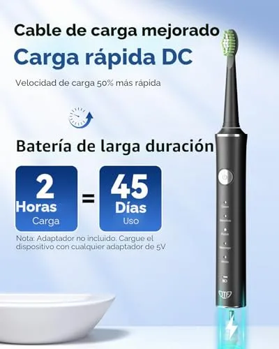 JTF ▫️ Escova de dentes elétrica sónica – Limpeza profunda para gengivas sensíveis, 5 modos, 45 dias de autonomia, 8 cabeças de escova, à prova de água (IPX7), temporizador inteligente, ideal para viagens (preto) 3