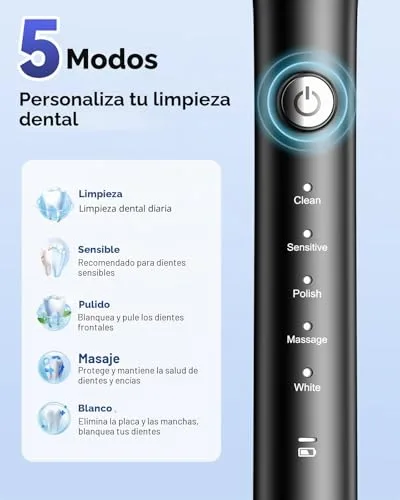 JTF ▫️ Escova de dentes elétrica sónica – Limpeza profunda para gengivas sensíveis, 5 modos, 45 dias de autonomia, 8 cabeças de escova, à prova de água (IPX7), temporizador inteligente, ideal para viagens (preto) 5