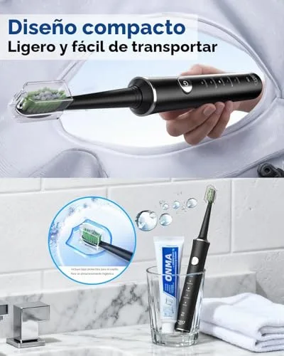 JTF ▫️ Escova de dentes elétrica sónica – Limpeza profunda para gengivas sensíveis, 5 modos, 45 dias de autonomia, 8 cabeças de escova, à prova de água (IPX7), temporizador inteligente, ideal para viagens (preto) 7