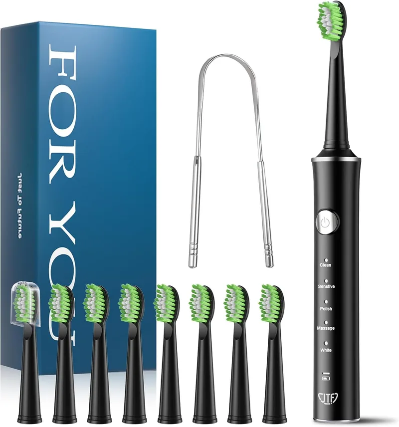 JTF ▫️ Escova de dentes elétrica sónica – Limpeza profunda para gengivas sensíveis, 5 modos, 45 dias de autonomia, 8 cabeças de escova, à prova de água (IPX7), temporizador inteligente, ideal para viagens (preto)