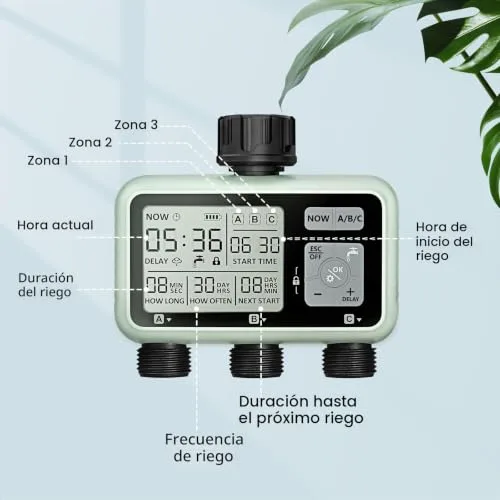 johgee ▫️ Controlador de rega com 3 saídas controladas de forma independente, relógio de rega digital com ecrã LCD, controlo de rega automático/manual 2