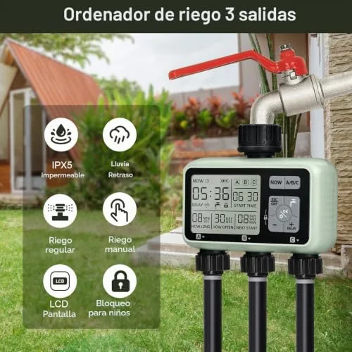 johgee ▫️ Controlador de rega com 3 saídas controladas de forma independente, relógio de rega digital com ecrã LCD, controlo de rega automático/manual 3