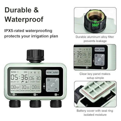 johgee ▫️ Controlador de rega com 3 saídas controladas de forma independente, relógio de rega digital com ecrã LCD, controlo de rega automático/manual 4