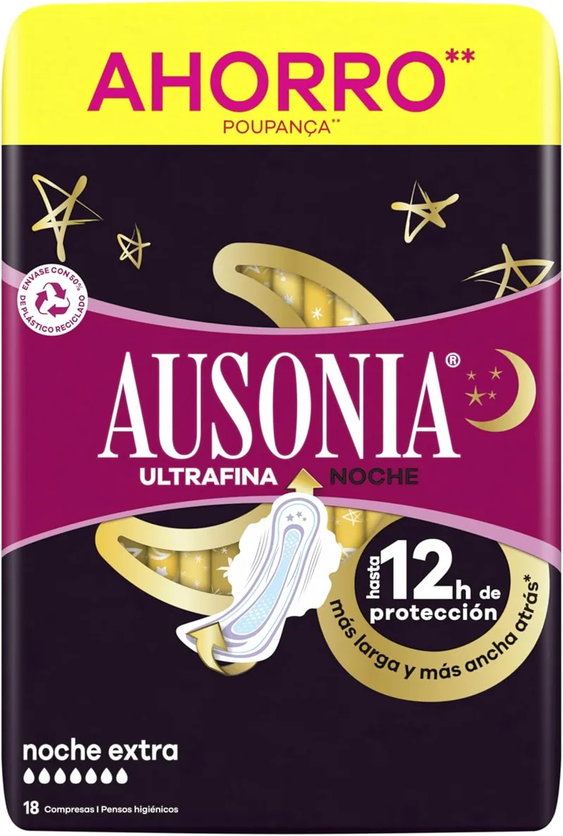 AUSONIA ▫️ Ultra Thin Night Pads Extra Com Asas, 18 peças, Dupla Cobertura Frente e Verso, Proteção Nocturna