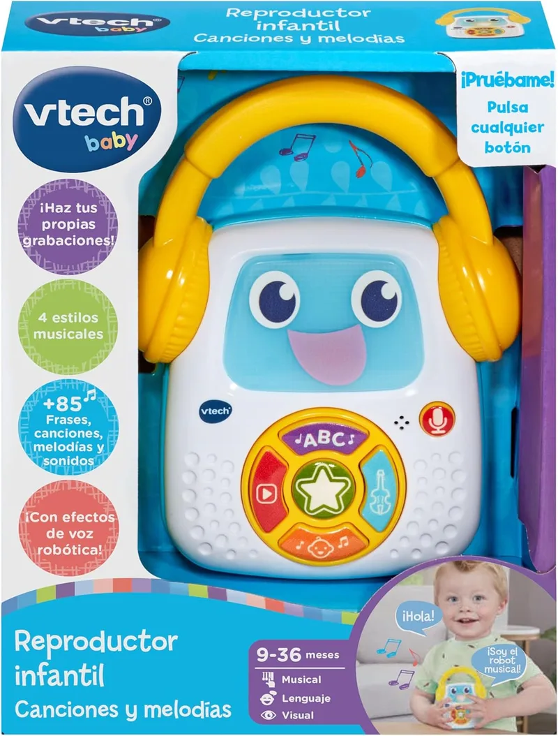 VTech ▫️ Baby Baby Song and Tune Player, com gravador de voz e luzes interactivas - Brinquedo educativo de língua espanhola para crianças, controlo de volume e pega de transporte (80-607822)