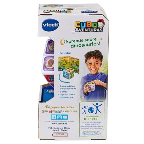 VTech ▫️ Cubo Mágico Dinoaventuras, Brinquedo interativo para crianças a partir dos 3 anos, Atividades e perguntas sobre dinossauros e fósseis, Melhora a memória e a lógica, Versão ESP 7