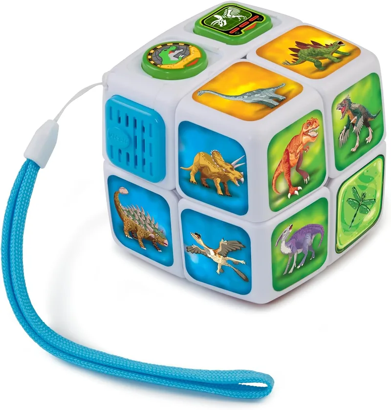 VTech ▫️ Cubo Mágico Dinoaventuras, Brinquedo interativo para crianças a partir dos 3 anos, Atividades e perguntas sobre dinossauros e fósseis, Melhora a memória e a lógica, Versão ESP