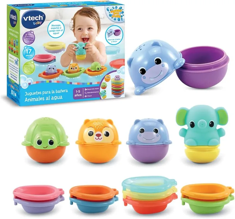 VTech ▫️ Baby Bathtub Toys Animais na Água, Conjunto Educativo de Animais de Banheira Empilháveis para a Hora do Banho, Crianças a partir de 1 ano, Versão ESP