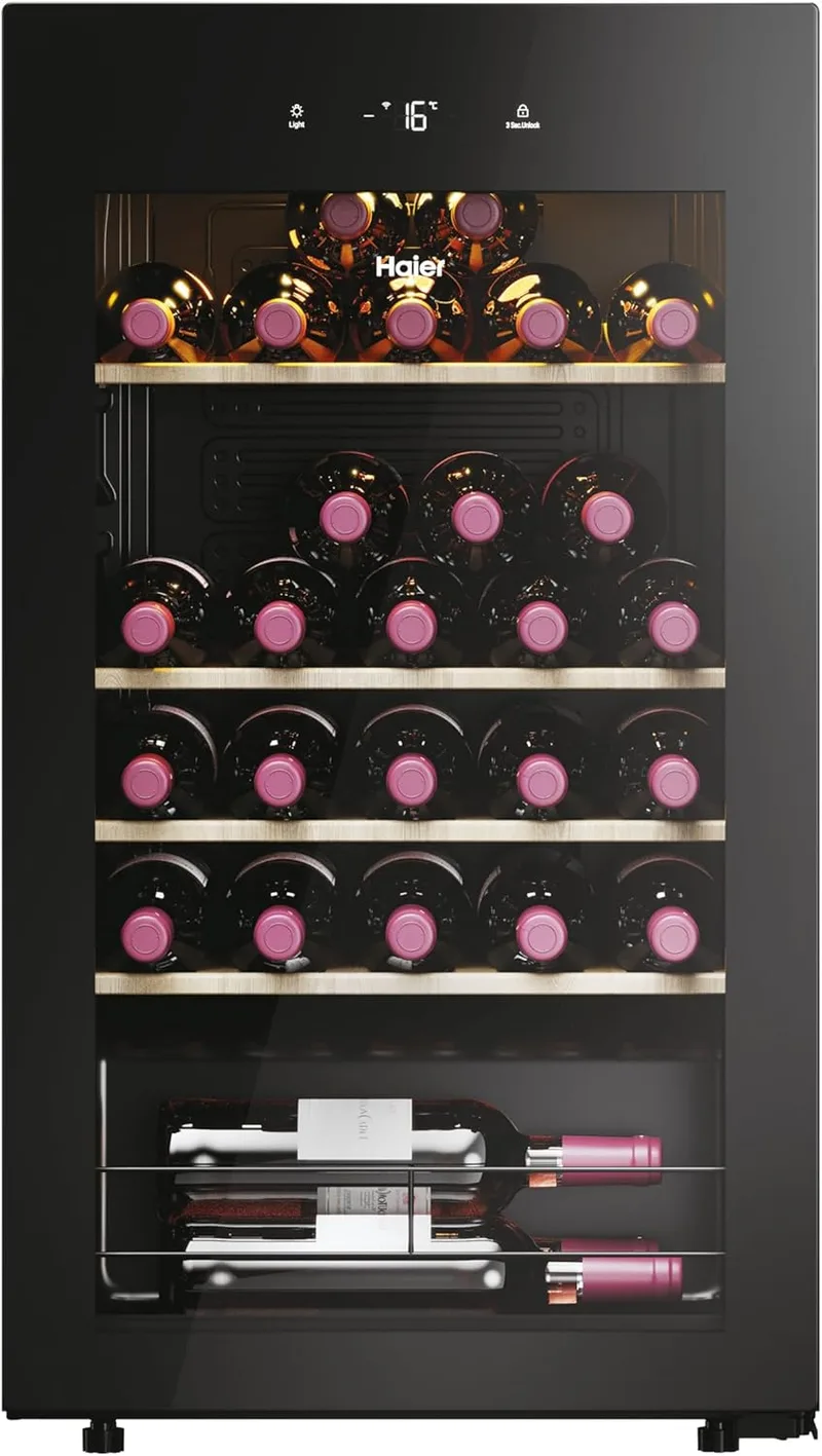 Haier ▫️ Wine Bank 50 Series 3 HWS34GGH1 - Adega de vinho 34 garrafas, WIFI, Prateleiras de madeira, Filtro anti-UV, Filtro de carvão, Filtro de carvão, Ecrã digital, Iluminação LED, Silencioso 37 dbA, Preto