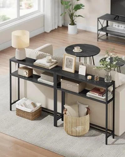 VASAGLE ▫️ Mesa de consola de 2 níveis, mesa auxiliar com 2 prateleiras, 20 x 80 x 80 cm, para sala de estar, corredor, hall de entrada, cinzento carvão e preto tinta LNT130B22 2