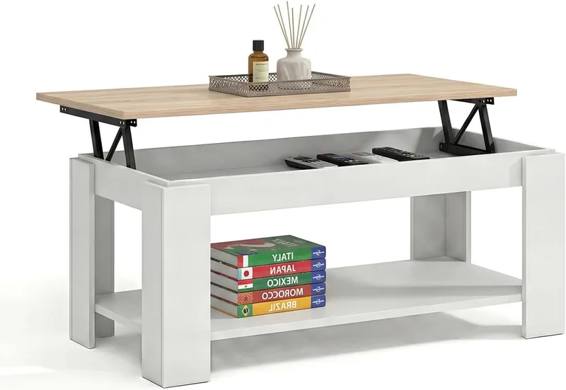 duehome ▫️ Mesa de centro elevável, mesa de apoio, modelo LYA, com acabamento em branco Artik e carvalho canadiano, medidas: 102 cm (C) x 50 cm (L) x 43-54 cm (A)