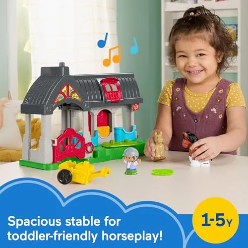 Fisher-Price ▫️ Little People Estábulo de cavalos – Conjunto de brinquedos com carro, cavalo, pónei e boneco, brinquedo com sons para bebés a partir de 1 ano (HWR84) 2