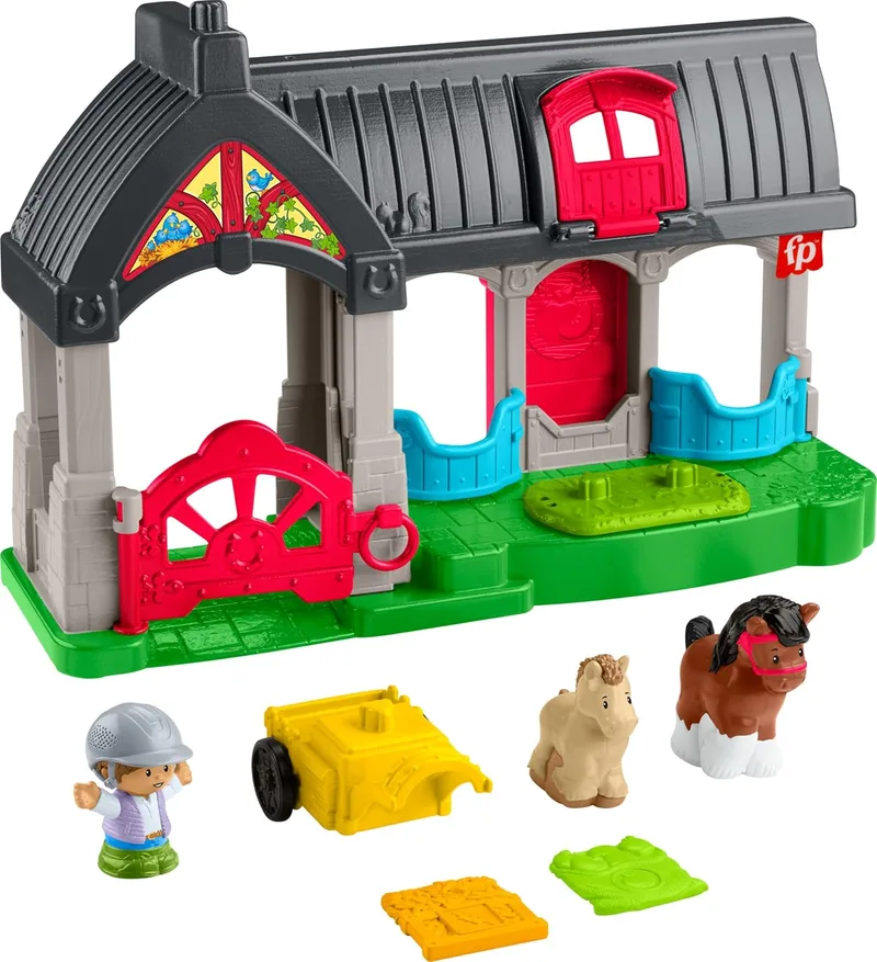 Fisher-Price ▫️ Little People Estábulo de cavalos – Conjunto de brinquedos com carro, cavalo, pónei e boneco, brinquedo com sons para bebés a partir de 1 ano (HWR84)