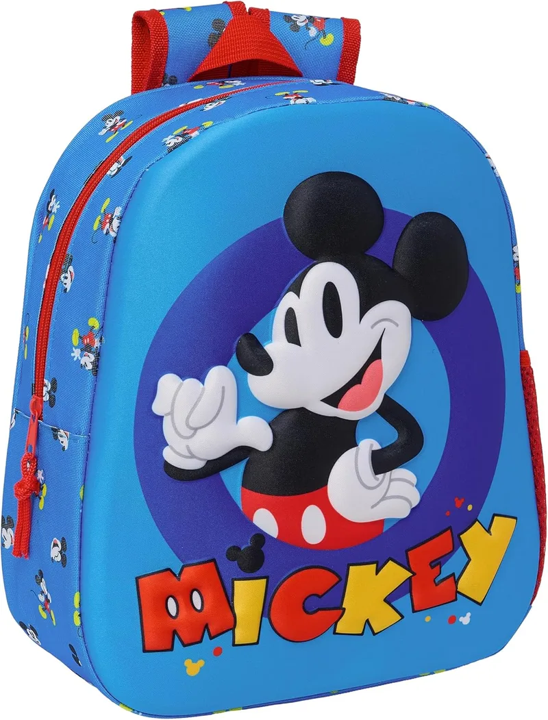 Safta ▫️ MICKEY MOUSE - Mochila Escolar, com Design 3D, Adaptável ao Carrinho, Ideal para Crianças de Várias Idades, Confortável e Versátil, Qualidade e Resistência, 27x10x33 cm, Cor Azul