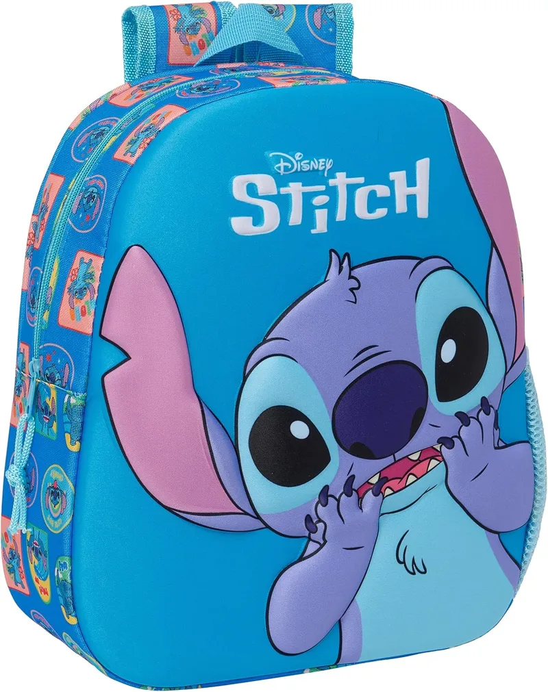 Safta ▫️ STITCH - Mala escolar com design 3D, adaptável à mochila, ideal para crianças de diferentes idades, confortável e versátil, qualidade e resistência, 27 x 10 x 33 cm, azul, cor azul,